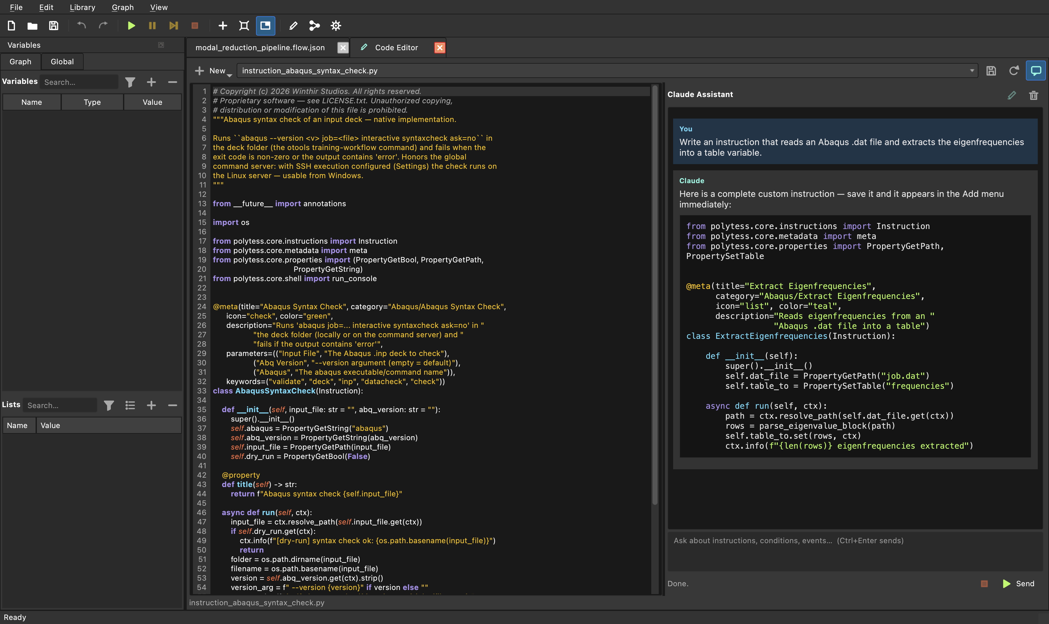 polytess Studio built-in code editor with AI code assistant generating a custom Python building block
