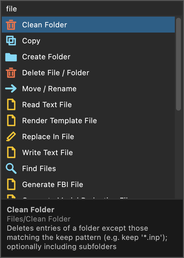polytess Studio block catalog with fuzzy search showing file operation blocks