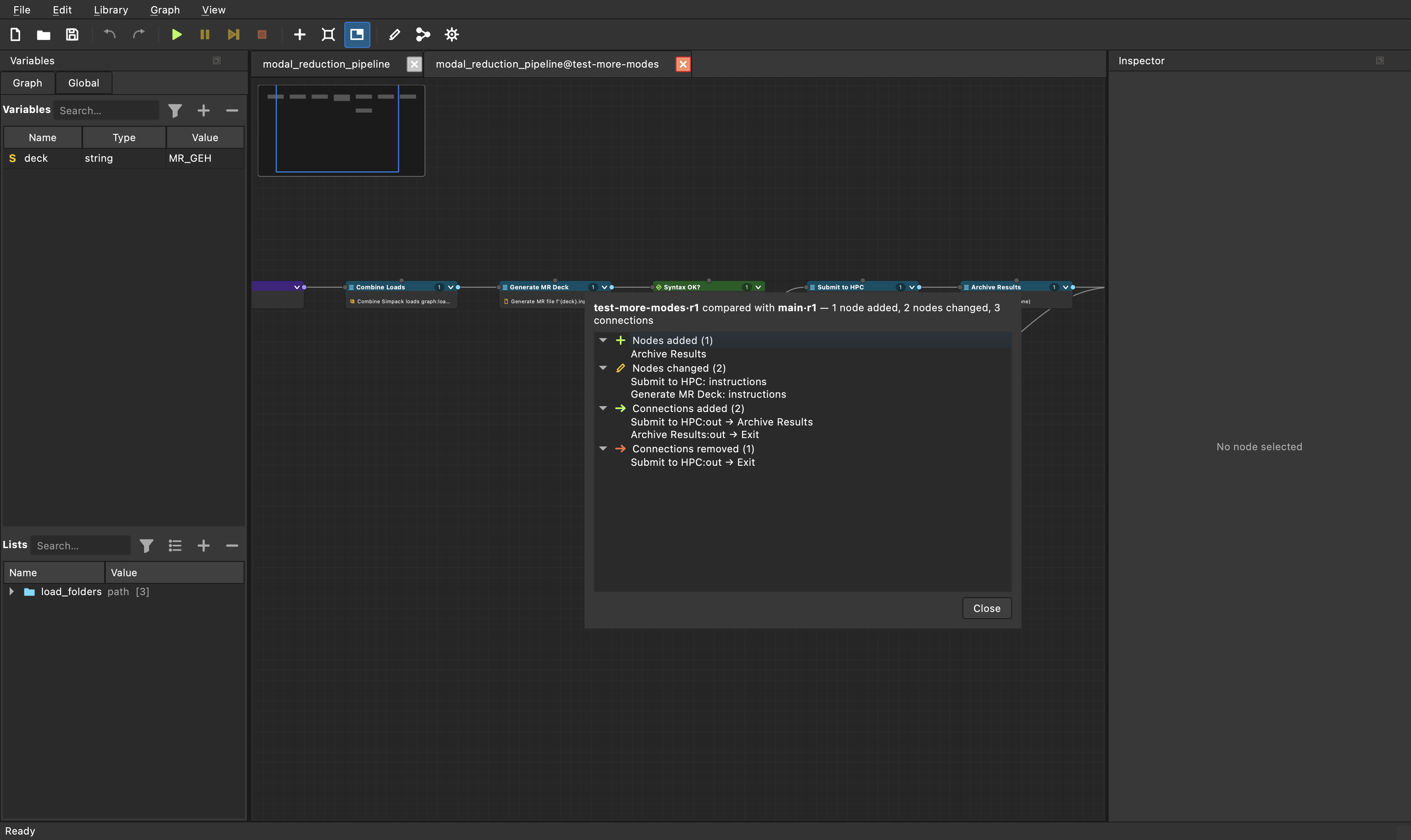 polytess Studio branch comparison dialog showing nodes added, changed and connections between a test branch and its parent